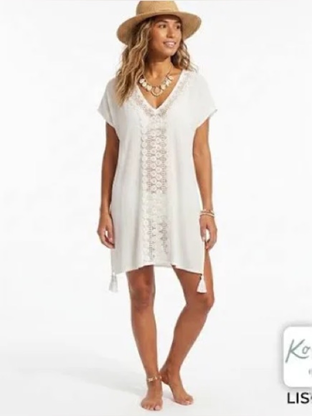 Kona Sol White Crochet-Front V-Neck Swim Coverup